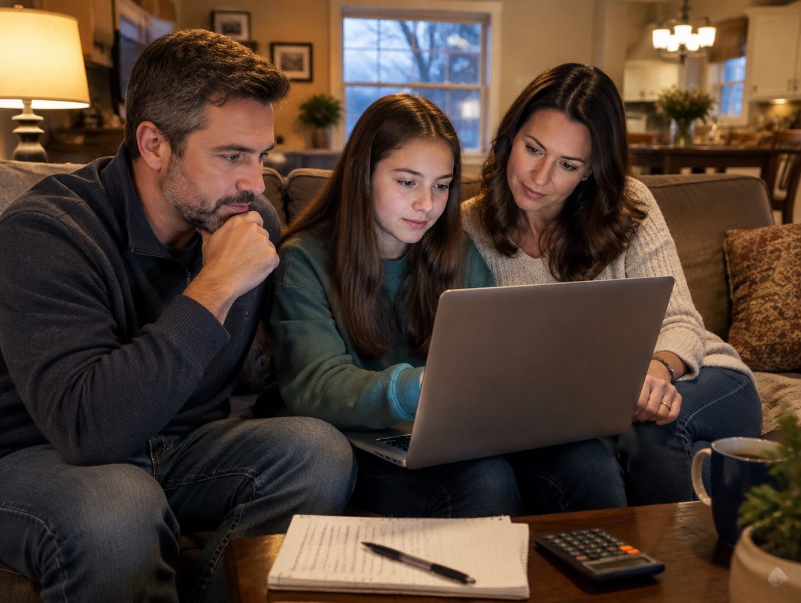 Family reviewing school options together on a laptop